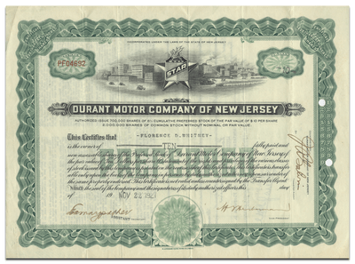 Durant Motor Company of New Jersey Stock Certificate