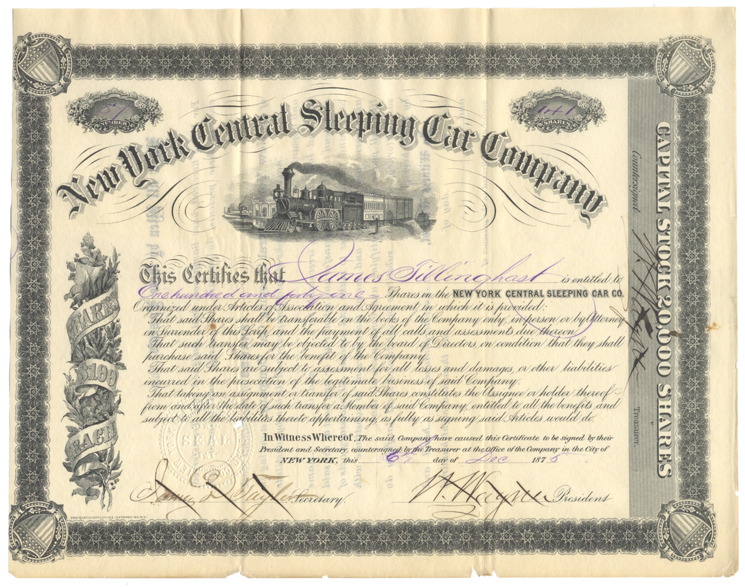 New York Central Sleeping Car Company Stock Certificate Signed by Webster Wagner