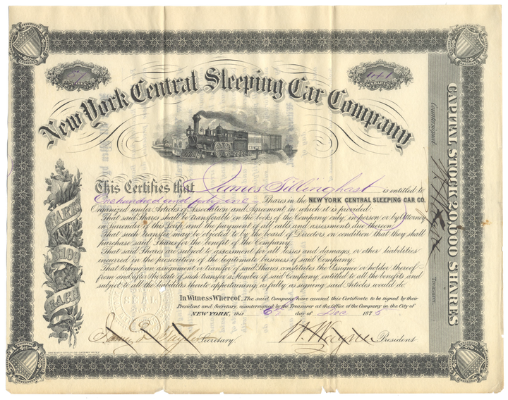 New York Central Sleeping Car Company Stock Certificate Signed by Webster Wagner