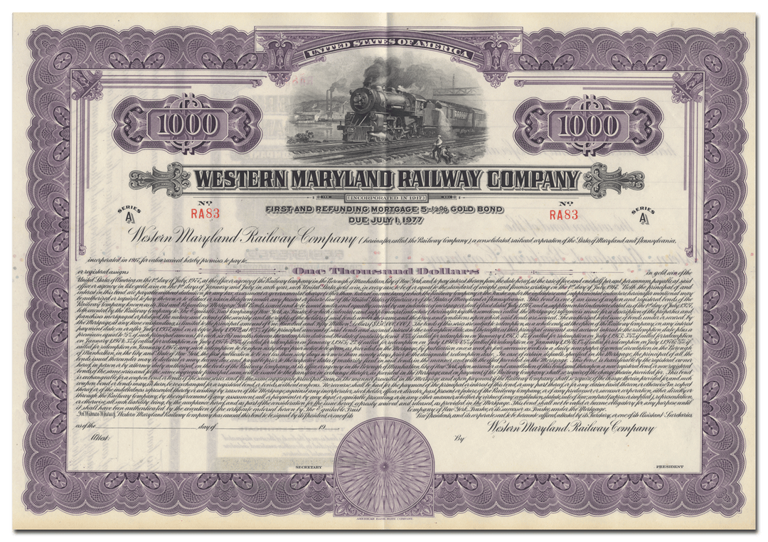 Western Maryland Railway Company Bond Certificate