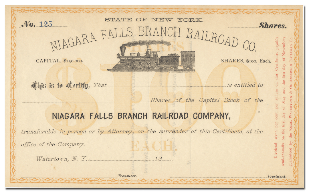 Niagara Falls Branch Railroad Company Stock Certificate