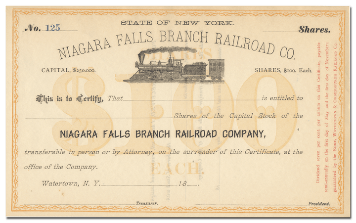 Niagara Falls Branch Railroad Company Stock Certificate