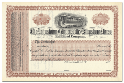 Johnstown, Gloversville and Kingsboro Horse Rail Road Company Stock Certificate