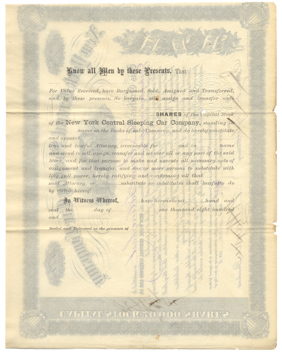 New York Central Sleeping Car Company Stock Certificate Signed by Webster Wagner