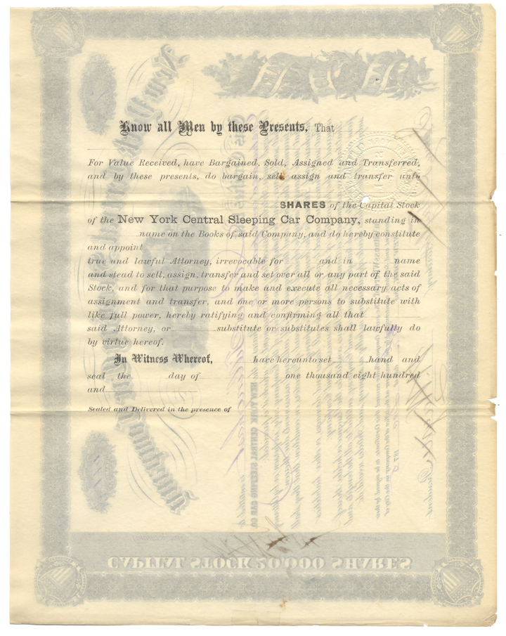 New York Central Sleeping Car Company Stock Certificate Signed by Webster Wagner