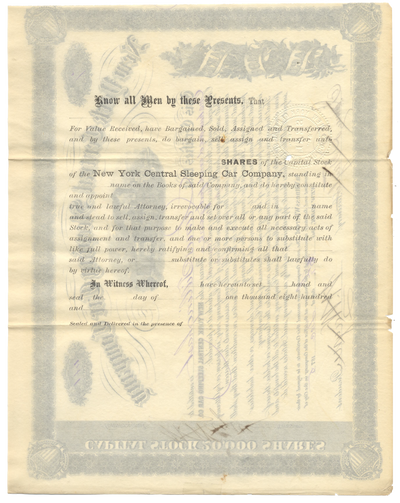 New York Central Sleeping Car Company Stock Certificate Signed by Webster Wagner