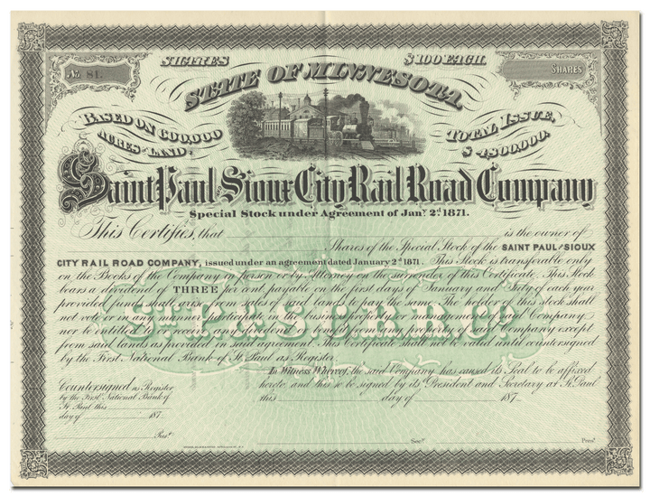 Saint Paul and Sioux City Rail Road Company Stock Certificate