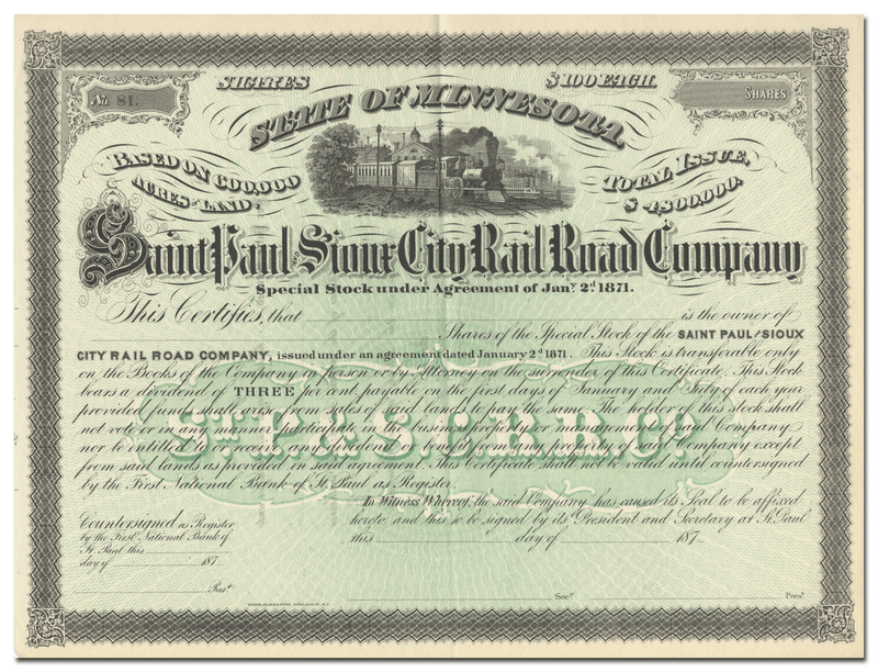 Saint Paul and Sioux City Rail Road Company Stock Certificate