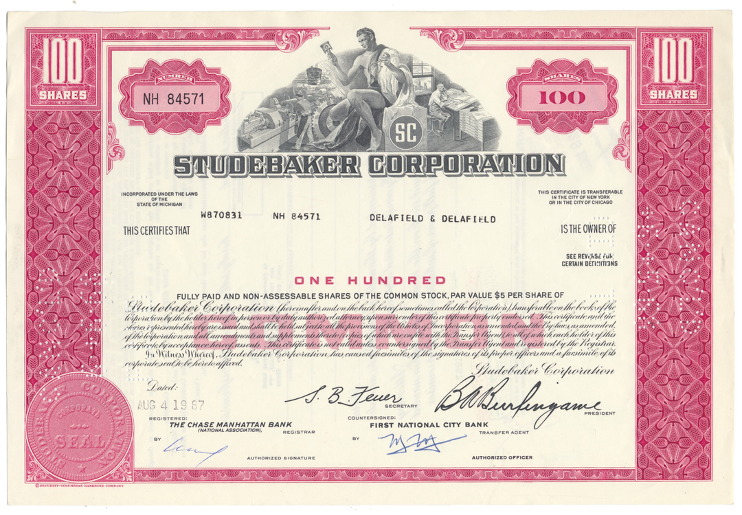 Studebaker Corporation Stock Certificate