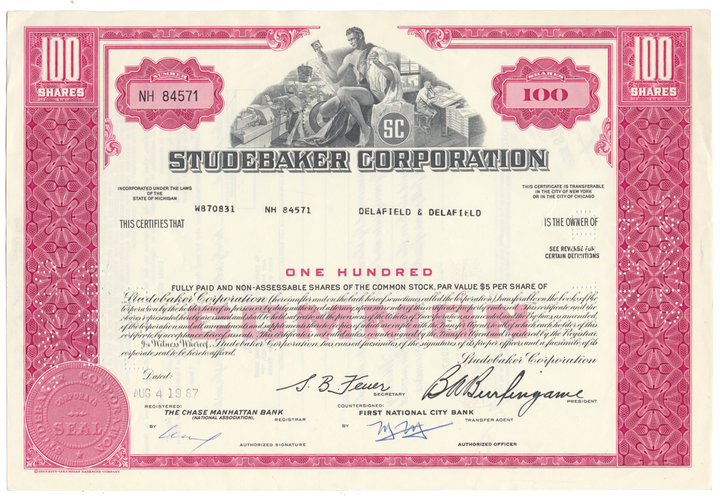 Studebaker Corporation Stock Certificate