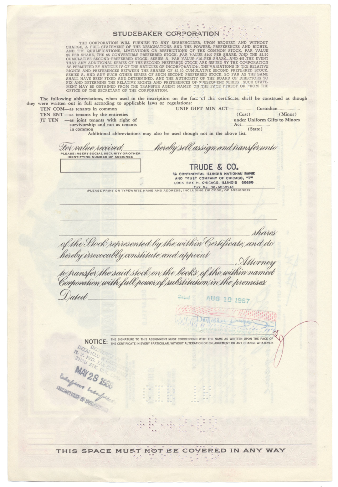 Studebaker Corporation Stock Certificate