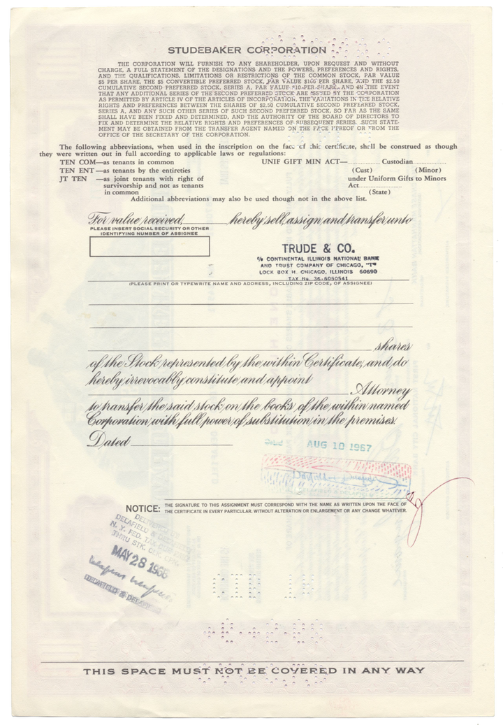 Studebaker Corporation Stock Certificate