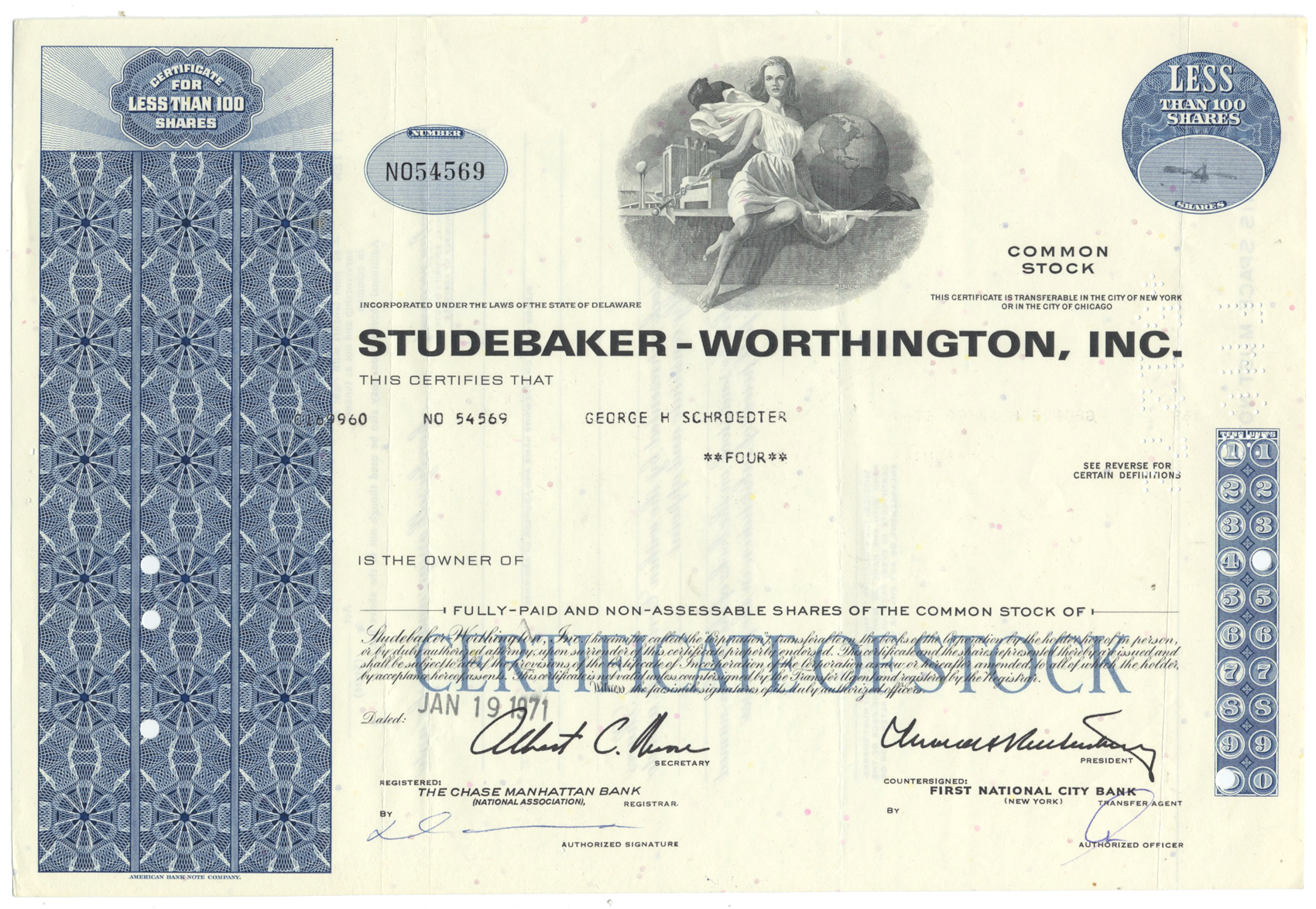 Studebaker-Worthington, Inc. Stock Certificate