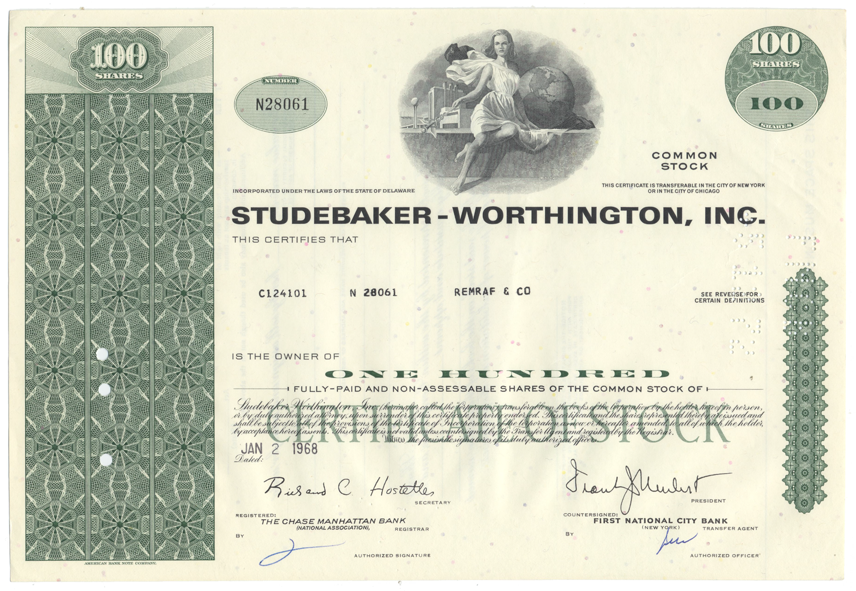 Studebaker-Worthington, Inc. Stock Certificate