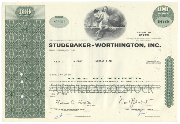 Studebaker-Worthington, Inc. Stock Certificate