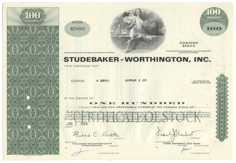 Studebaker-Worthington, Inc. Stock Certificate