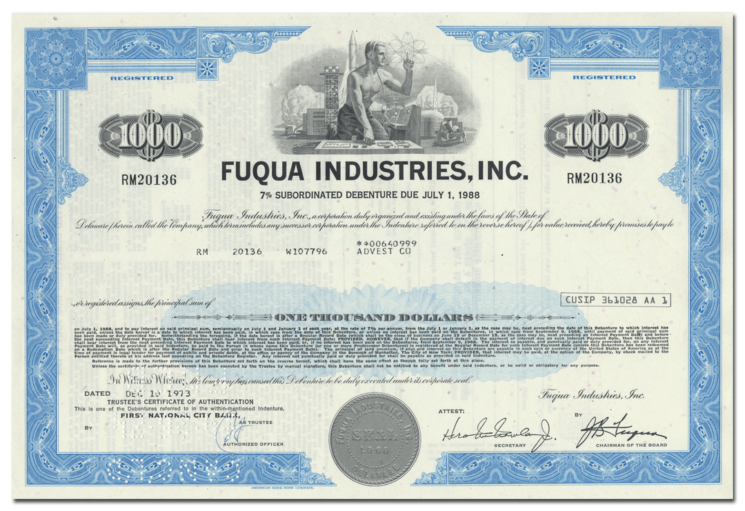 Fuqua Industries, Inc. Stock Certificate