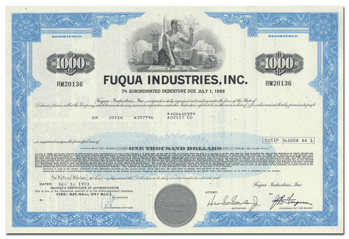 Fuqua Industries, Inc. Stock Certificate