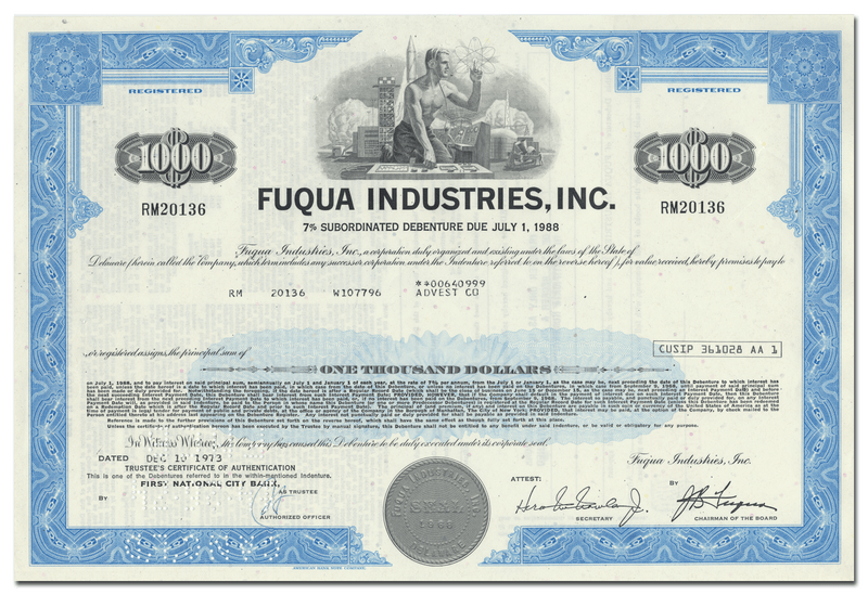 Fuqua Industries, Inc. Stock Certificate