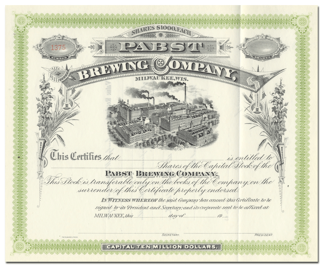 Pabst Brewing Company Stock Certificate