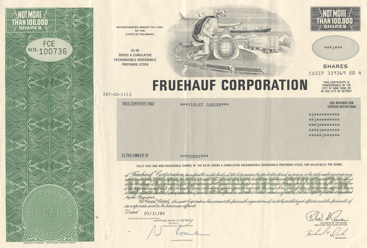 Fruehauf Corporation Stock Certificate