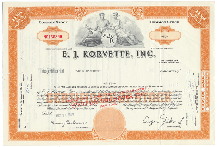 E. J. Korvette, Inc. Stock Certificate