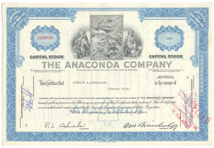 Anaconda Company Stock Certificate