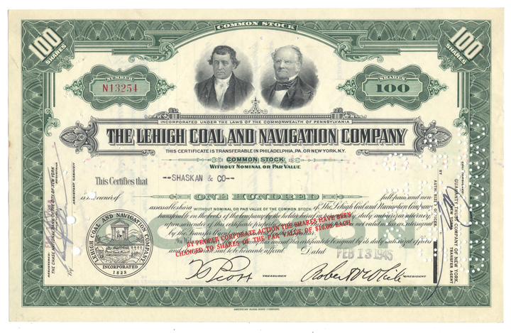 Lehigh Coal and Navigation Company Stock Certificate