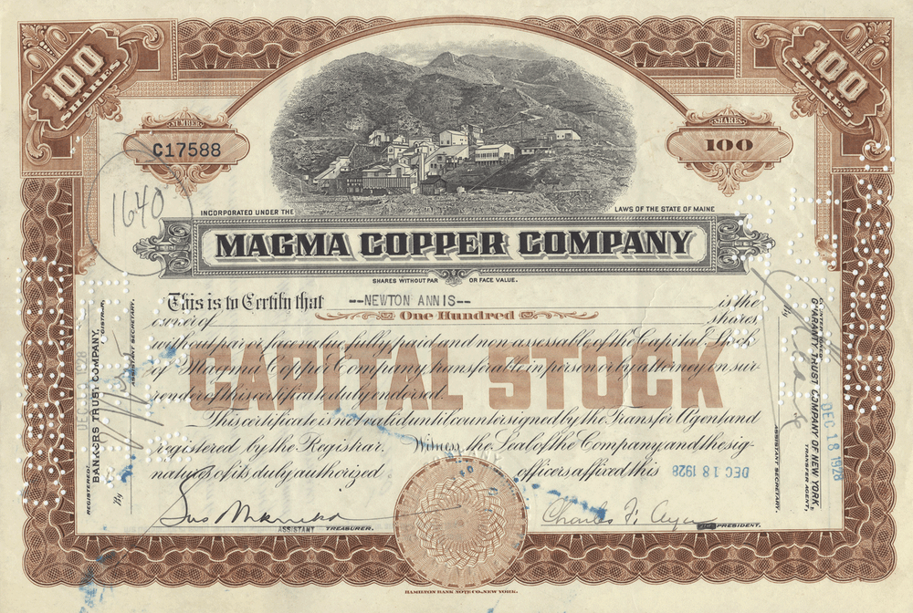 Magma Copper Company Stock Certificate