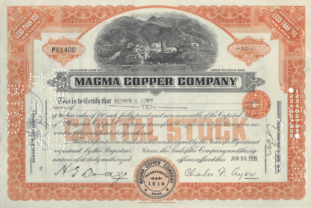 Magma Copper Company Stock Certificate