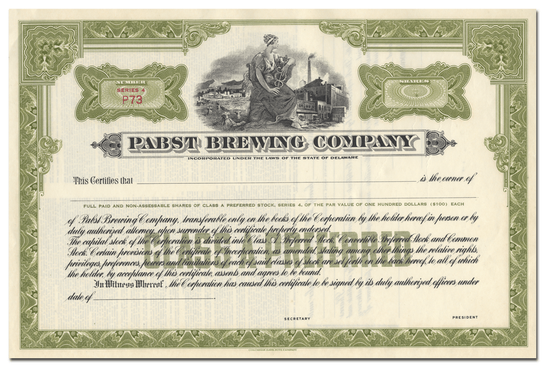 Pabst Brewing Company Stock Certificate