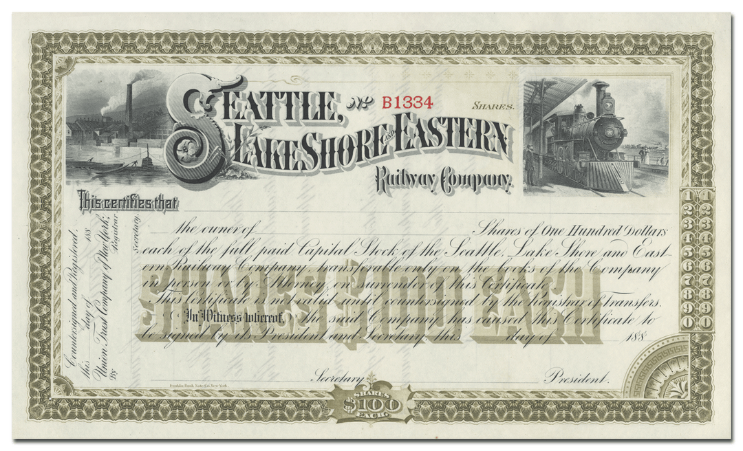 Seattle, Lake Shore and Eastern Railway Company Stock Certificate