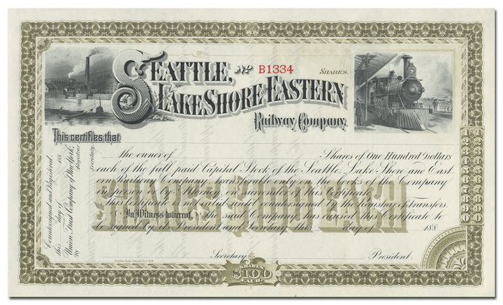 Seattle, Lake Shore and Eastern Railway Company Stock Certificate