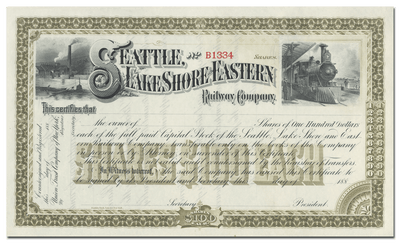 Seattle, Lake Shore and Eastern Railway Company Stock Certificate