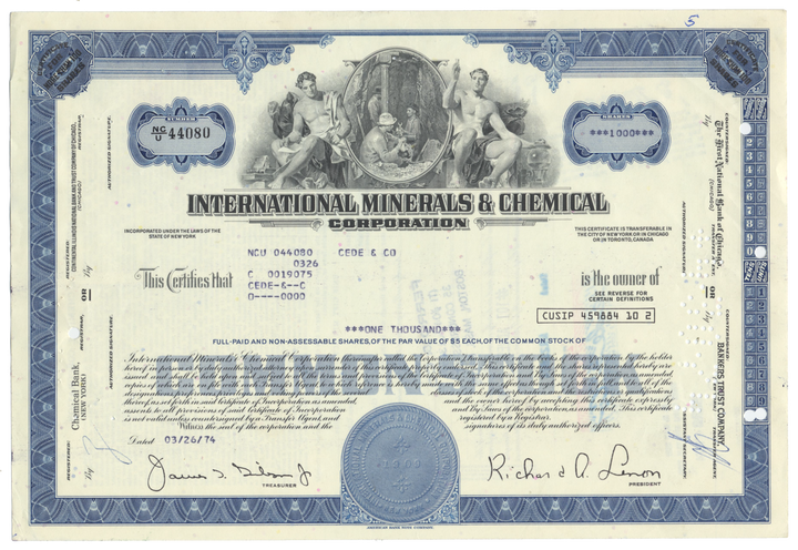 International Minerals & Chemical Corporation Stock Certificate