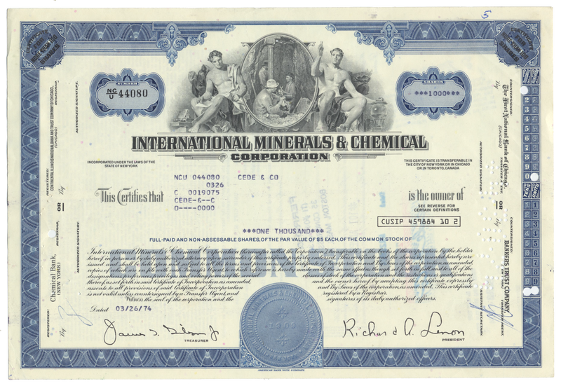 International Minerals & Chemical Corporation Stock Certificate
