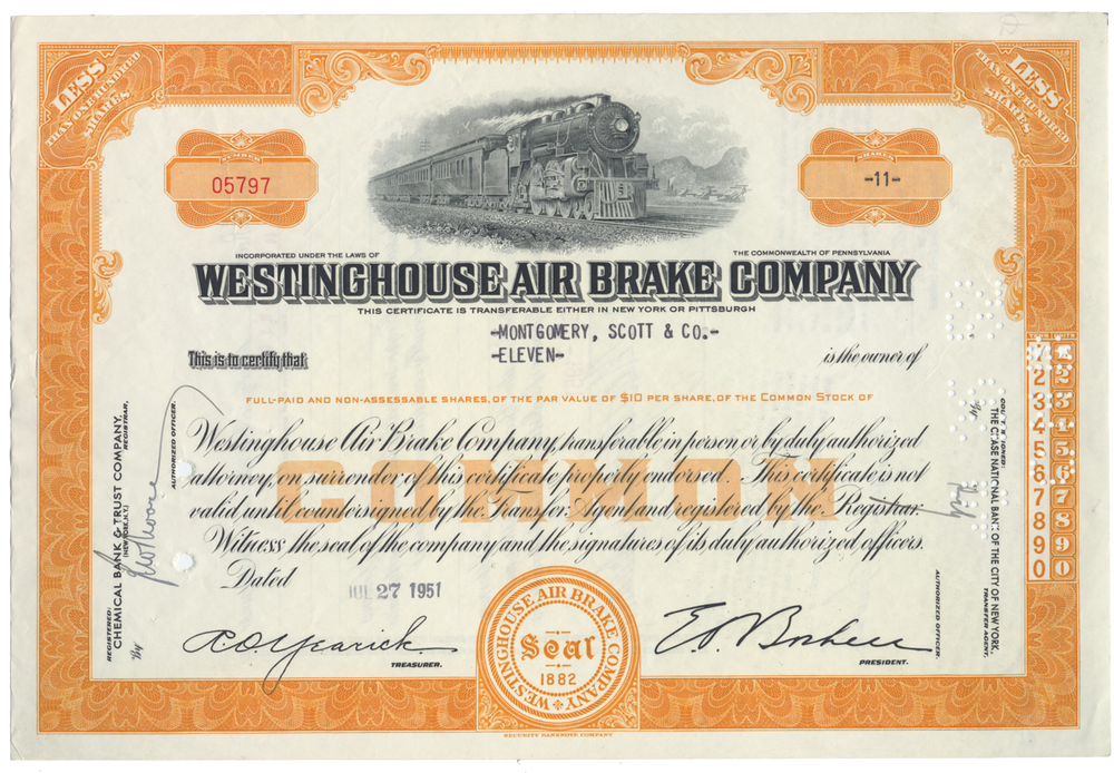Westinghouse Air Brake Company Stock Certificate