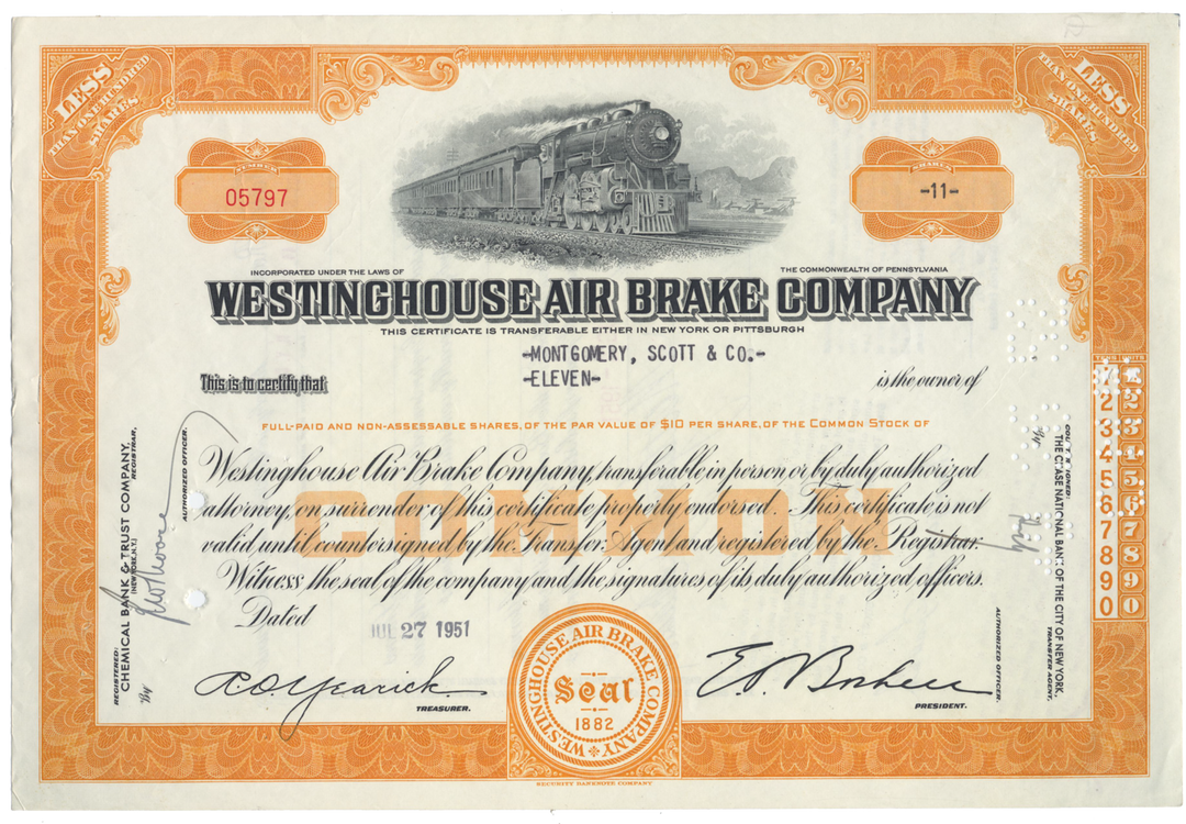 Westinghouse Air Brake Company Stock Certificate