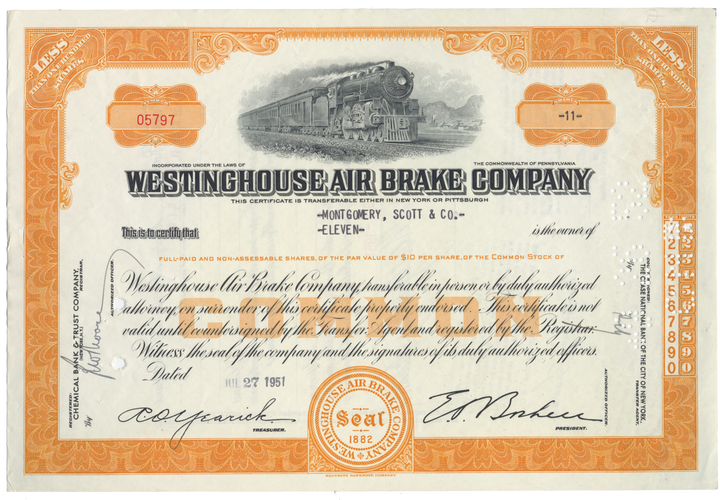 Westinghouse Air Brake Company Stock Certificate