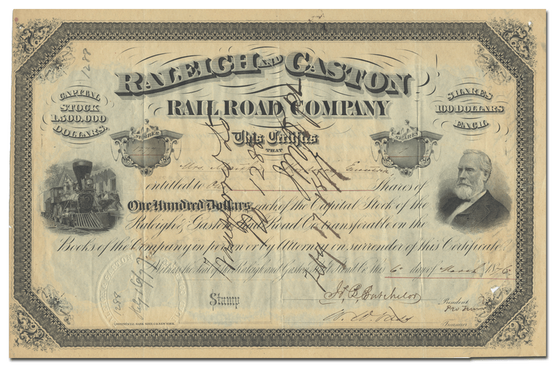 Raleigh and Gaston Rail Road Company Stock Certificate