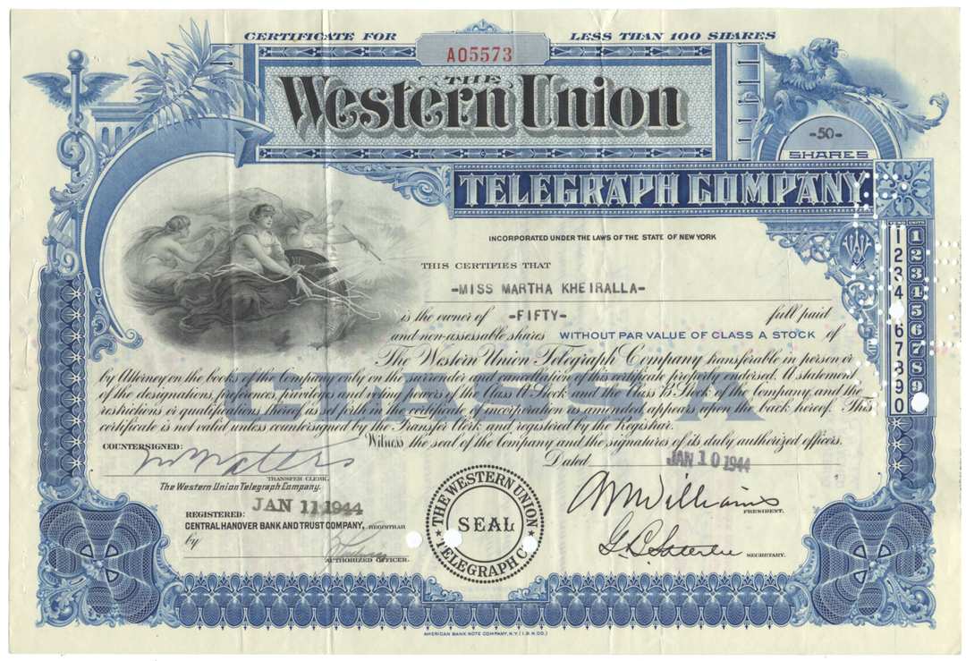 Western Union Telegraph Company Stock Certificate