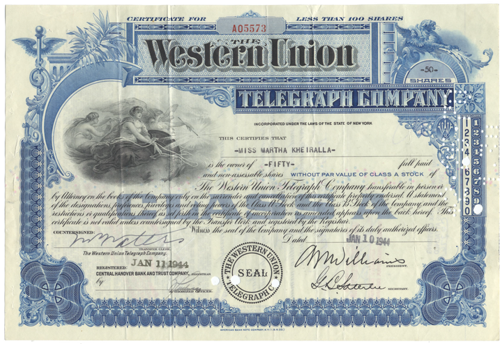 Western Union Telegraph Company Stock Certificate