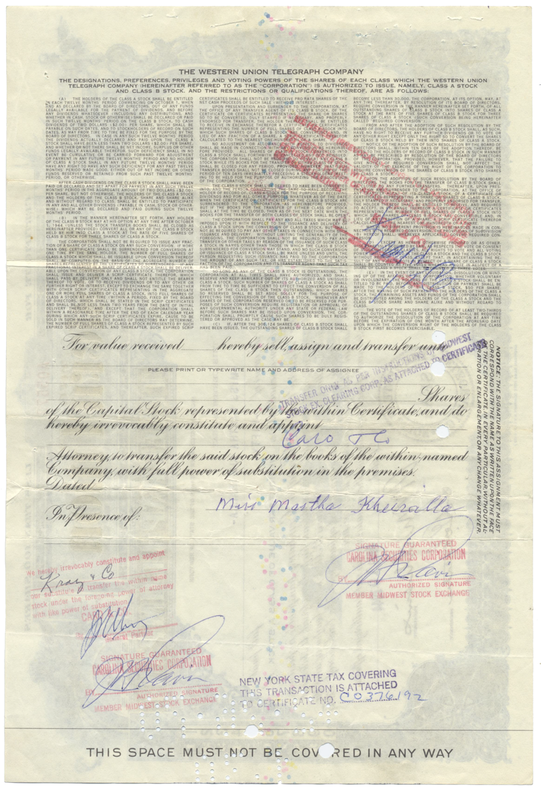 Western Union Telegraph Company Stock Certificate