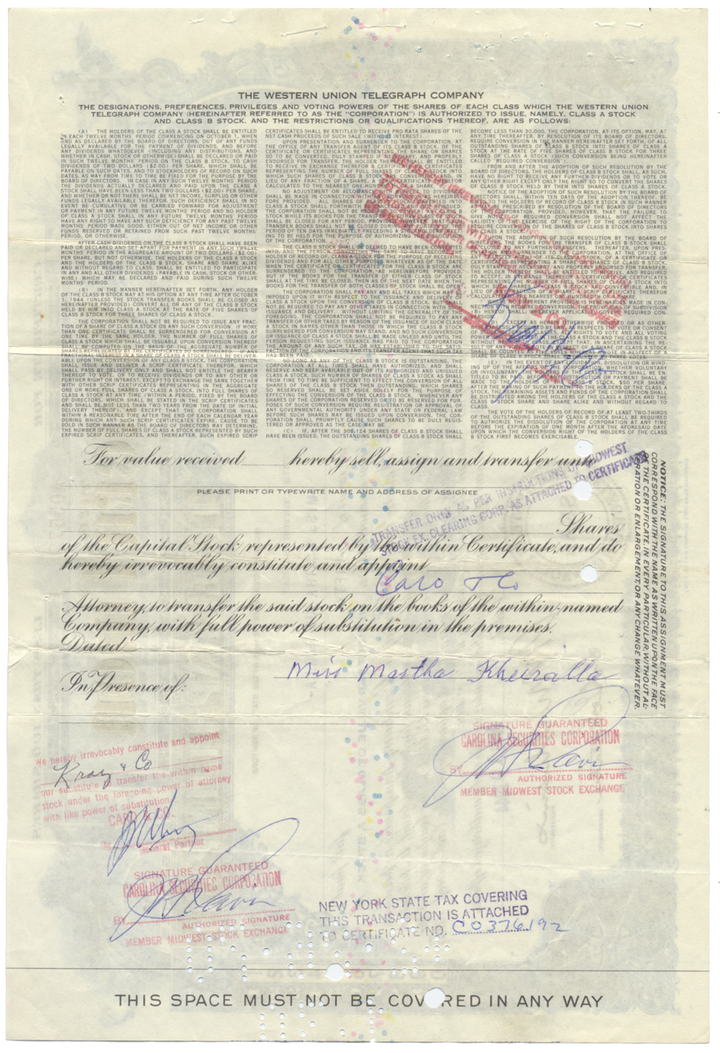 Western Union Telegraph Company Stock Certificate