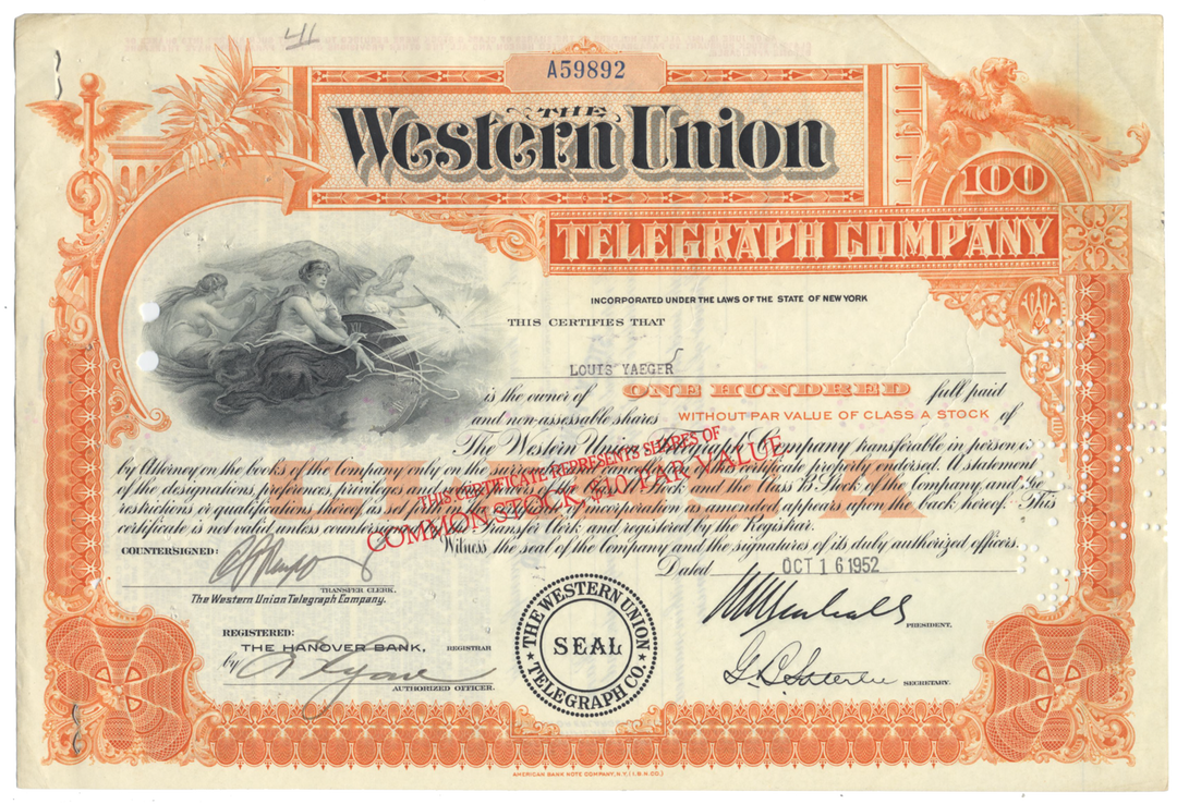 Western Union Telegraph Company Stock Certificate