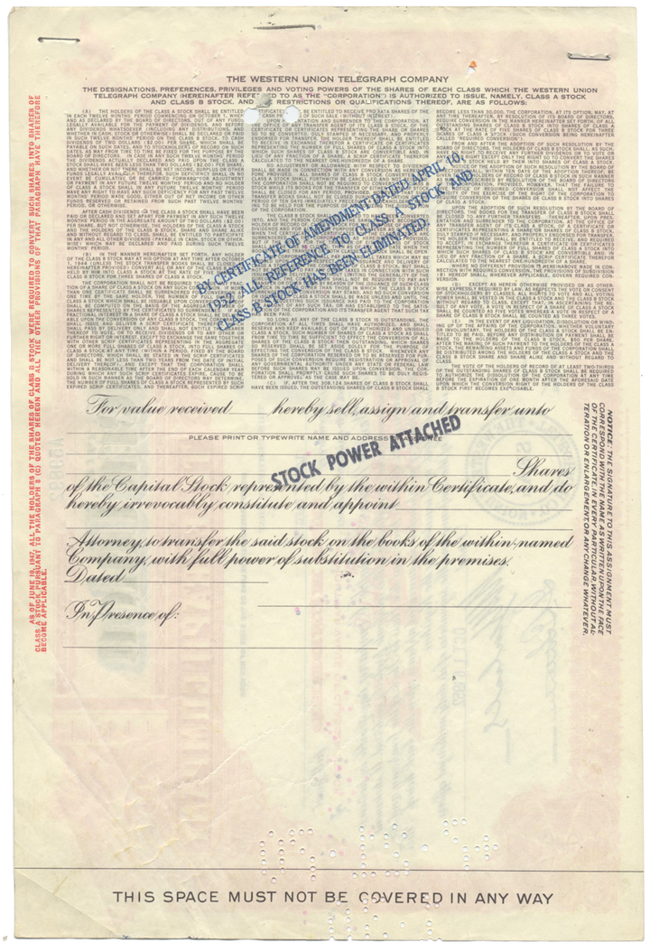 Western Union Telegraph Company Stock Certificate