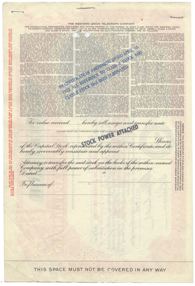 Western Union Telegraph Company Stock Certificate