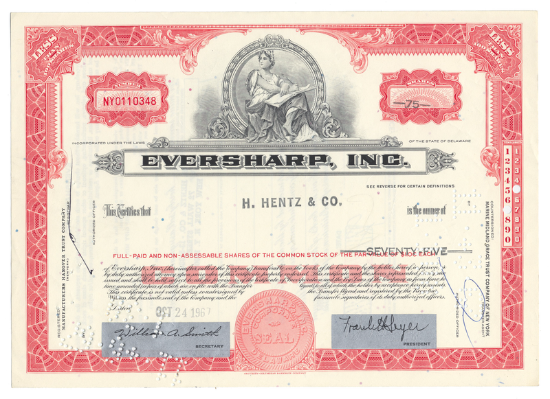 Eversharp, Inc. Stock Certificate