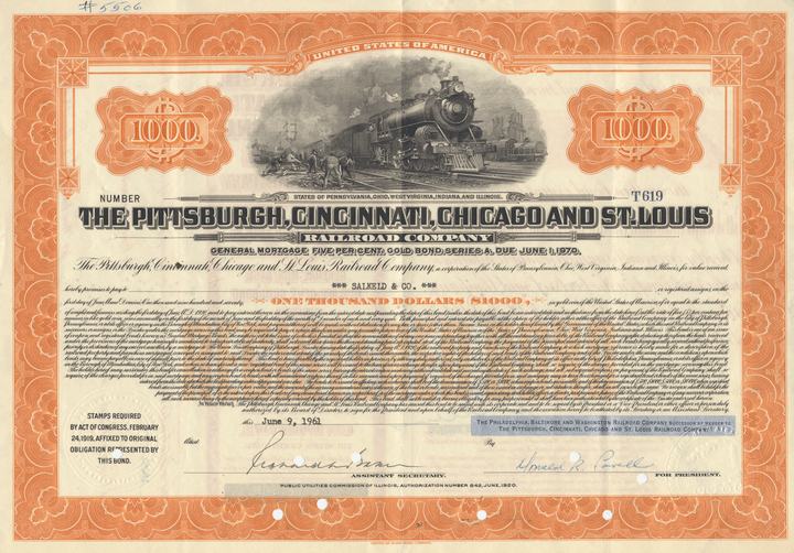 Pittsburgh, Cincinnati, Chicago and St. Louis Railroad Company Bond Certificate