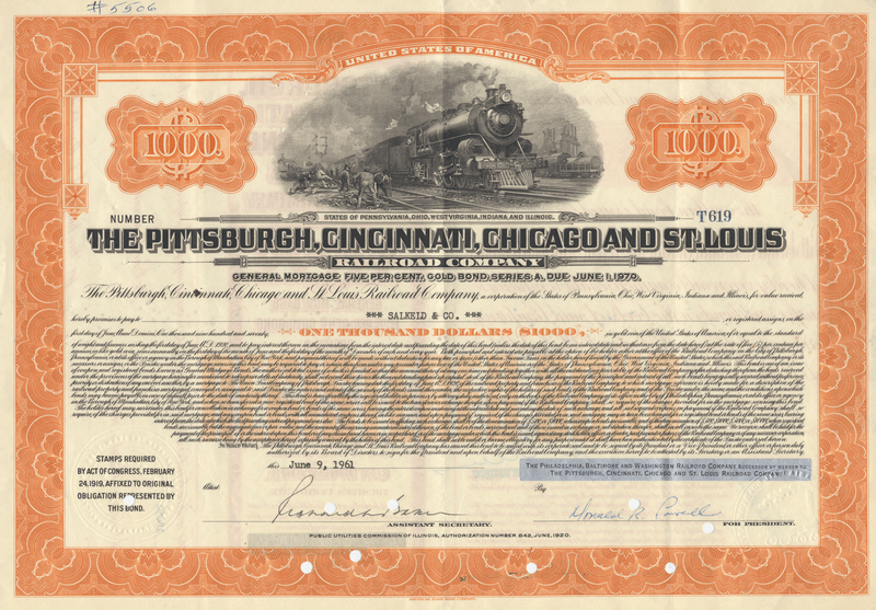 Pittsburgh, Cincinnati, Chicago and St. Louis Railroad Company Bond Certificate